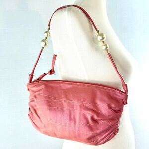 FURLA Vintage Y2K Salmon Pink Leather Pearl Bead Strap Shoulder Bag